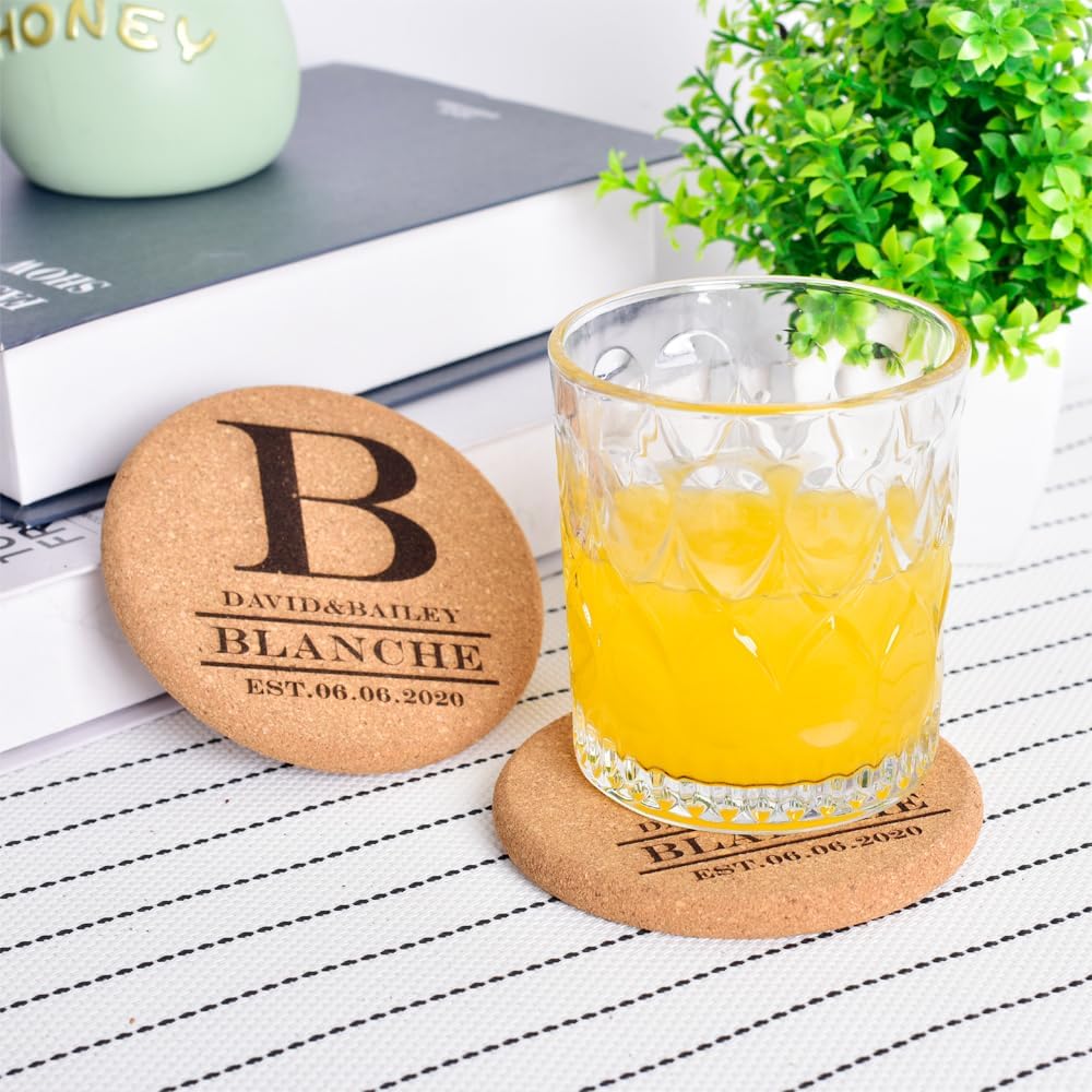 Personalized Cork Coasters for Drinks, Custom Engraved Absorbent Heat & Water Resistant Coasters for Cups and Mugs (B)