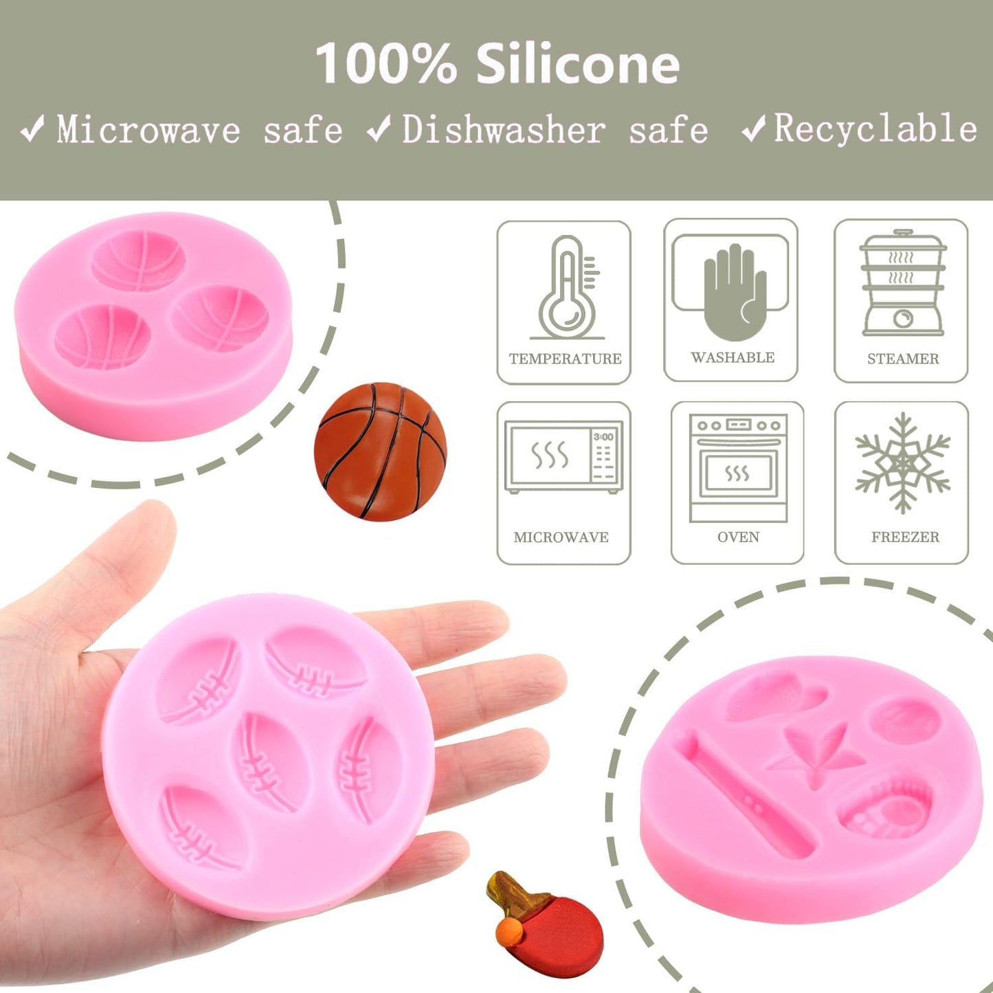 ZiXiang Ball Silicone Molds Baseball Basketball Football Golf Rugby Table Tennis Fondant Mold For Sugar Cake Decorating Cupcake Topper Candy Chocolate Gum Paste Polymer Clay Set Of 6