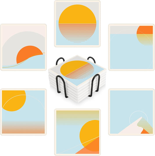 MAYCARI Abstract Sun Coasters Set of 6 Cork Backed Artistic Coasters with Metal Holder Minimalist Aesthetic Ceramic Surface Drink Cup Mats for Tabletop Protection Modern Desk Decoration Birthday Gifts