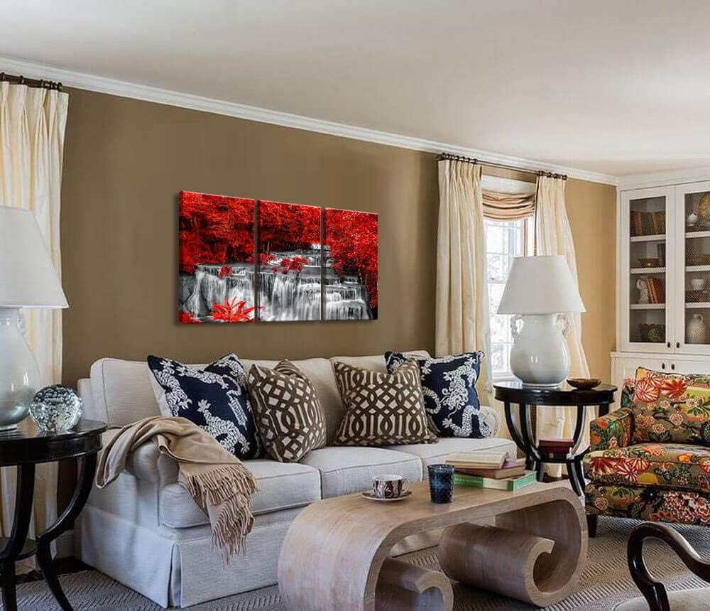 Yxbhhym Black White and Red Waterfall Canvas Wall Art Trees Forest Painting Landscape Artwork for Wall Picture Waterfall Prints for Bedroom Living Room Decor Bathroom Wall Art-Framed