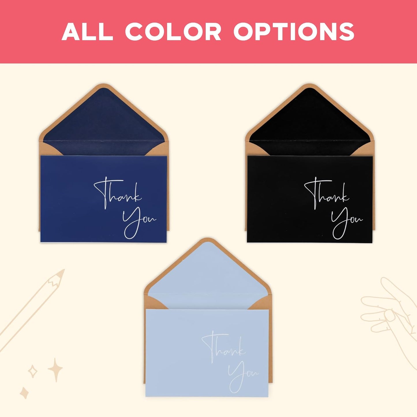 VNS Creations 50 Pack Thank You Cards With Envelopes, Stickers, 3.5x5 Inch Blank Thank You Notes - Bulk Box Set Notes for Graduation, Wedding, Small Business, Baby & Bridal Shower Card - Light Blue