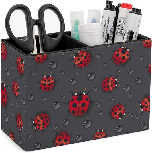Pen Holder, Pencil Holder for Desk Organizer, Red Ladybugs Waterdrop PU Leather Pencil Cups Desktop Stationery Storage Makeup Brush Holder Pen Organizer for Office Home
