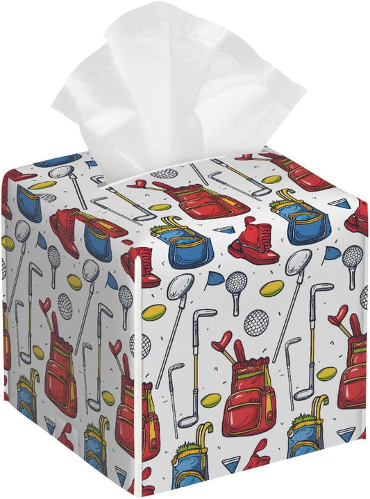 Square Leather Tissue Box Cover, Waterproof Napkin Dispenser with Golf Balls Print, Tissue Holder for Bathroom, Living Room, Bedroom, Office, and Car Decor