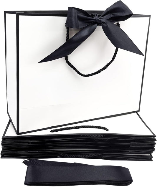 TKSBAG 12PCS Gift Bags Medium Size with Handles, 12.5 x 9.8 x 4.3 In White Black Thank You Bags with Bow Ribbon for Wedding, Birthday, bridesmaid, Groomsmen, Party Favors, Thanksgiving, Christmas