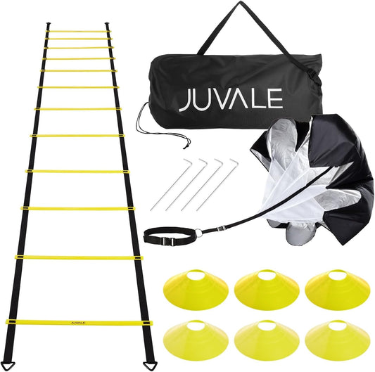 Juvale Agility Ladder Set - 20 ft Adjustable Ladder - 6 Yellow Disc Cones & Resistance Parachute - Football & Soccer Drills - Cones for Sports Training & Running Parachute Speed Training