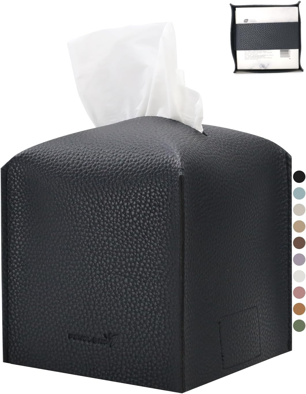 Tissue Box Cover 5X5X5'' PU Leather Tissue Holder Square Tissue Cube Box Organizer for Bathroom Vanity Countertop, Car, Night Stands, Office, Home, Kitchen (1Pack, Black)