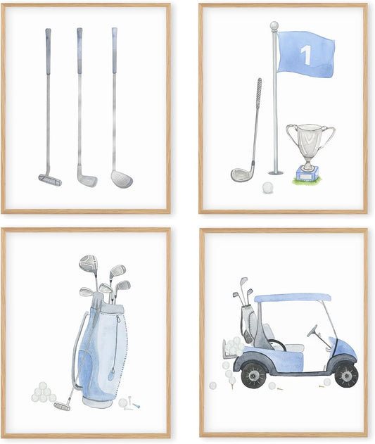 Boat Wades Golf Wall Art Prints Set of 4, Golfer Gifts for Women Men, Blue Golf Club Bag Cart Golfing Posters Pictures Wall Decor for Home Bedroom Living Room Office, 8x10 Unframed