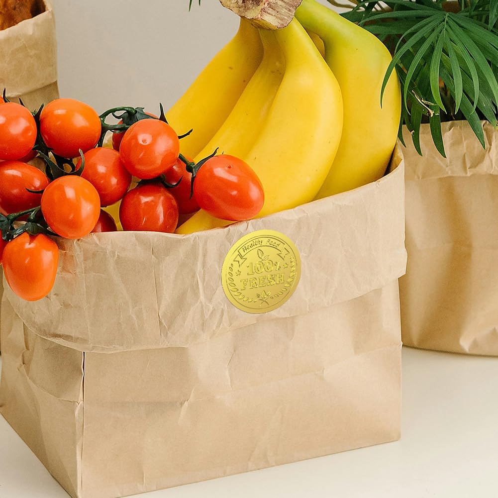 Peacoblue Gold Foil Stickers Seals Embossed 2 Inch 100Pcs 100% Fresh Healthy Food, Self Adhesive Gold Around Embossing Medal Sticker for Food Bag Wrapper Baking Decor