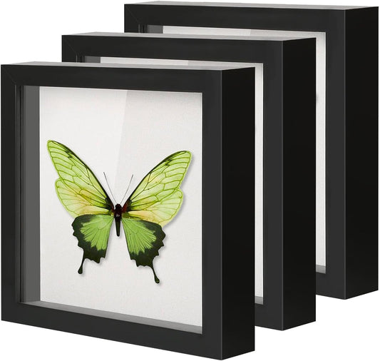 QDSSDECO 8"x8" Shadow Boxes Display Cases with Soft Linen Back Deep Wood Glass 3D Shadow Box Set for Wall and Tabletop, 3 Pack Black