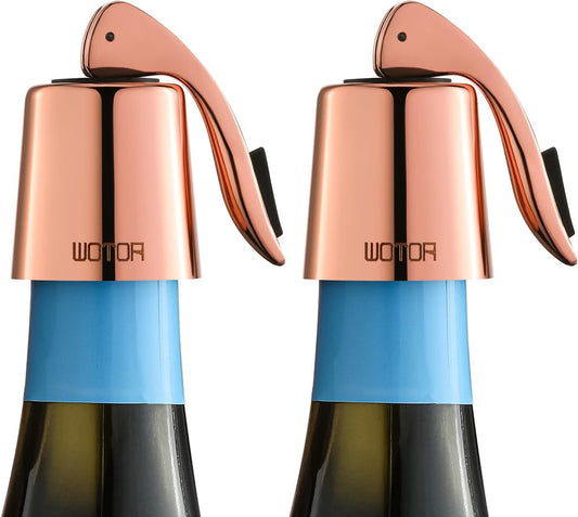 WOTOR Stainless Steel Wine Bottle Stoppers with Silicone - Reusable Wine Saver and Decorative Bottle Sealer, Leakproof, Keep Fresh, Rosegold, 2 Pack
