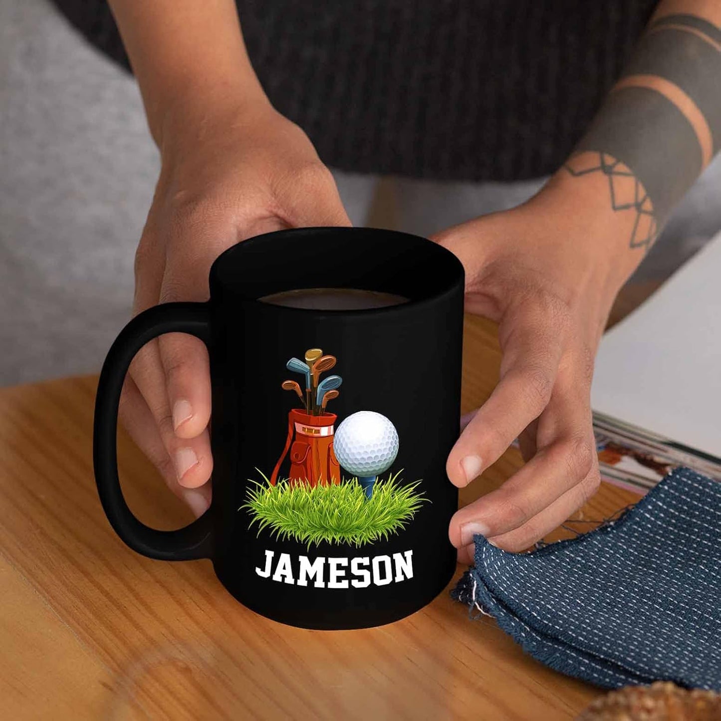 Customized Name Golf Players Coffee Mugs 11 Oz 15 Oz, Personalized Cup Gifts for Men Women Fans Team Sport, Golf Clubs Travel Mug, Golfer Player Black Ceramic Mugs
