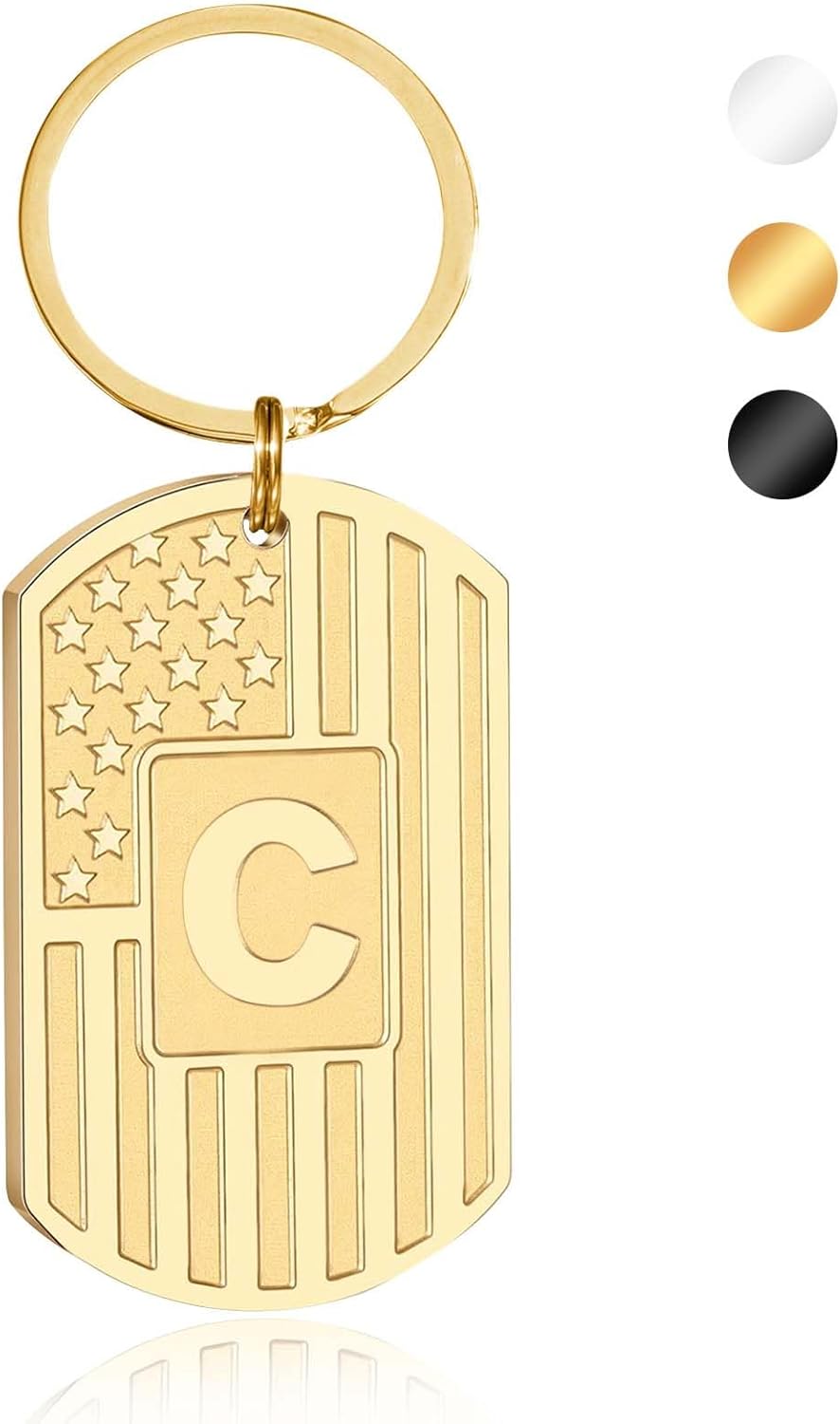Initial Keychain Gifts for Men,A-Z Letter American Flag Dog Tag Stainless Steel Keychain,Mens Accessories Gift