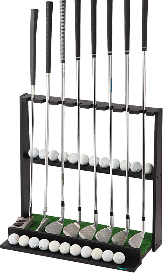 Wooden Golf Putter Stand with Ball Storage - Holds 8 Clubs & 22 Golf Balls, Space-Saving Golf Club Holder for Indoor/Home/Office/Simulator/Driving Range - Golf Accessories & Training Aid