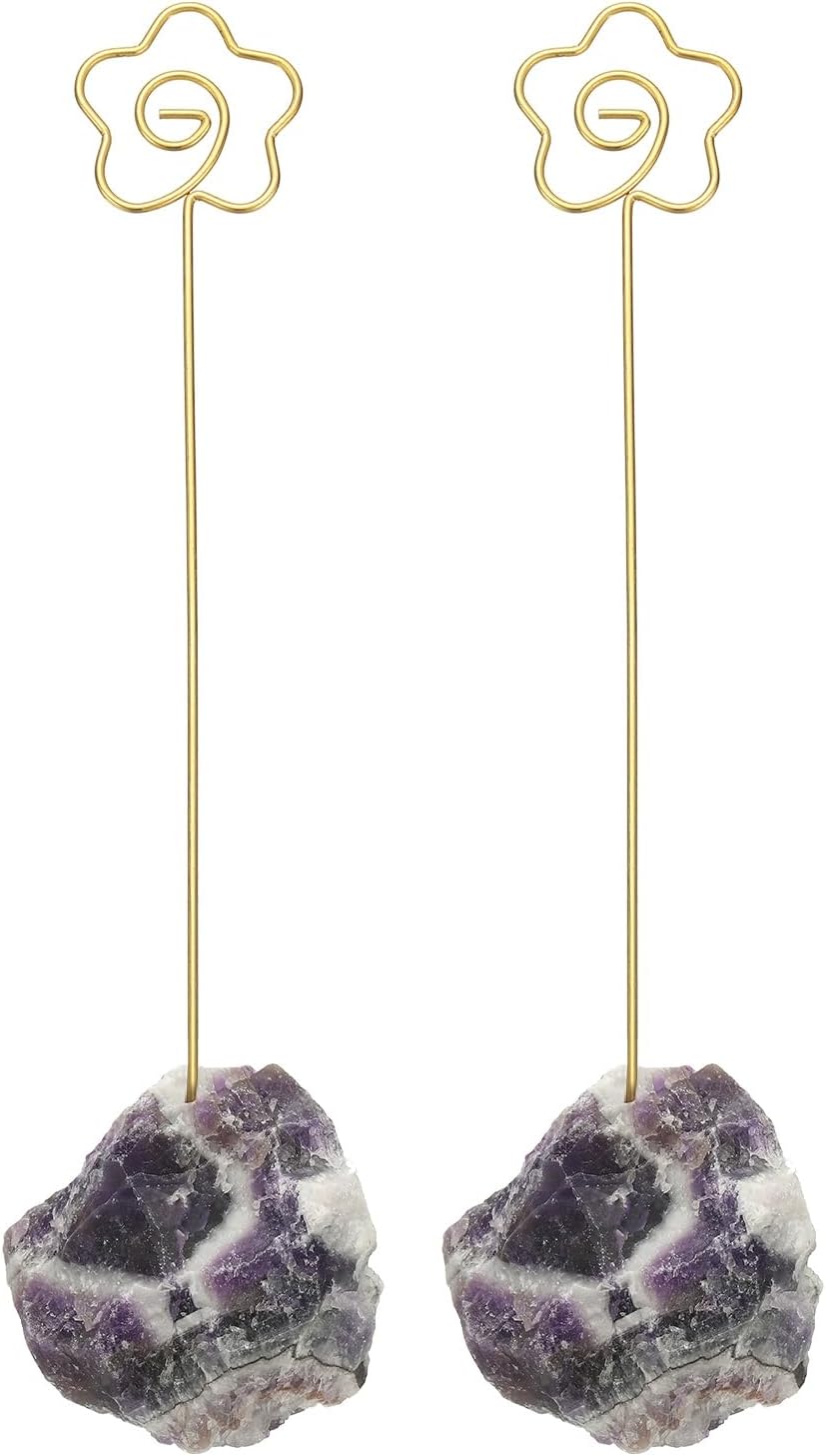 PATIKIL Table Number Holder, 2Pcs Photo Clip Holders Crystal Stone Quartz Desk Card Holder Raw Flower Shape Iron Memo Note Photo Stand for Wedding Party Home Office Decor, Purple