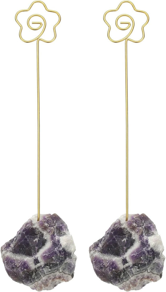 PATIKIL Table Number Holder, 2Pcs Photo Clip Holders Crystal Stone Quartz Desk Card Holder Raw Flower Shape Iron Memo Note Photo Stand for Wedding Party Home Office Decor, Purple