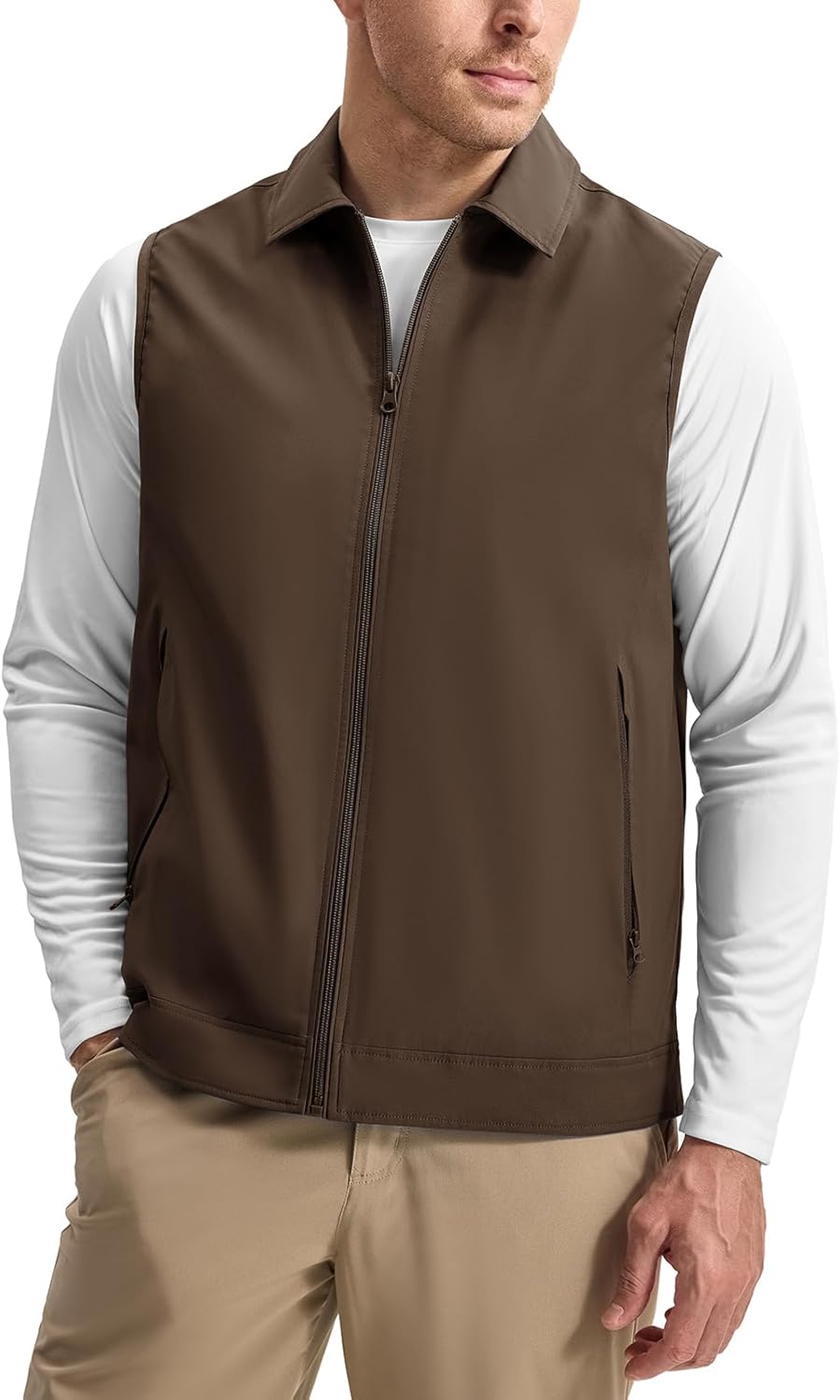 Rdruko Men's Golf Vest Lightweight Outerwear Windproof Water Resistant Grid Lining Vest with Zipper Pockets for Casual