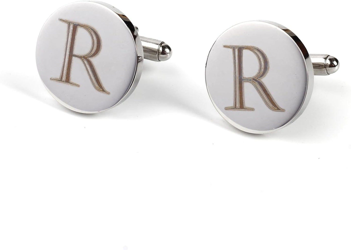 Mens Initial Silver Cufflinks A-Z Alphabet Letter Steel Cuff Links with Engraved Walnut Wood Box Groom Groomsman Wedding Set…