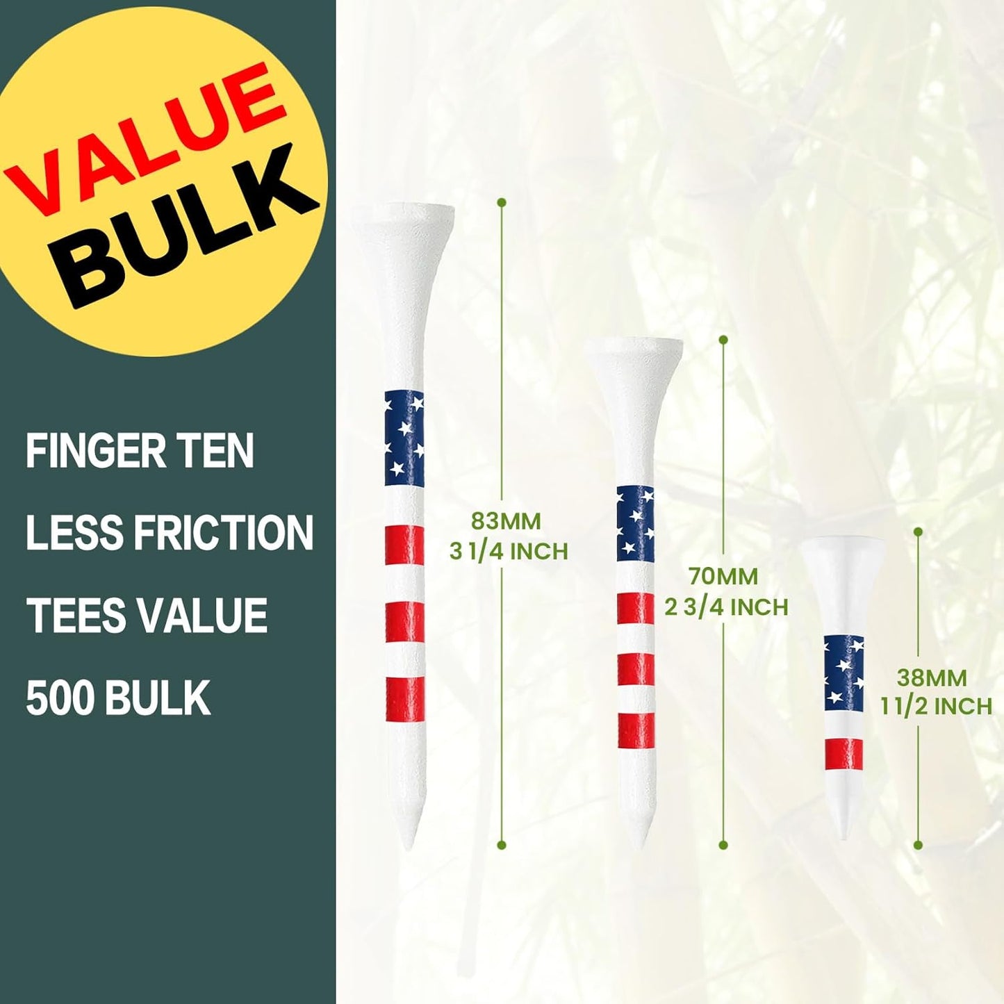 FINGER TEN Bamboo Golf Tees Wood 1 1/2 2 3/4 3 1/4 Inch Wooden Short Long Tee Color Bulk 250/500/1000/2000 Count for Men Women Kids in Red Pink USA Flag