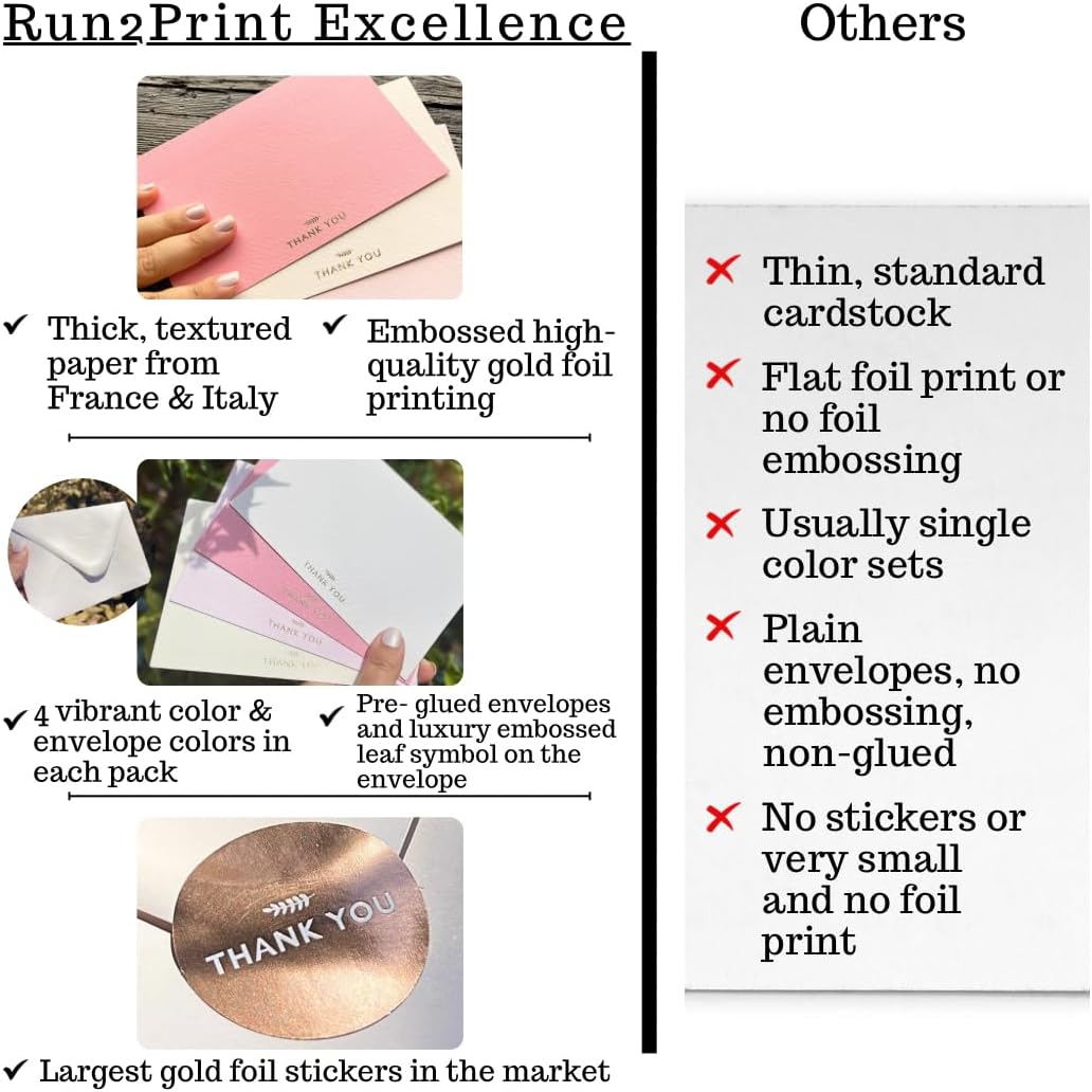 RUN2PRINT Thank You Cards with Envelopes & Gold Foil Stickers – 36‑Pack Flat Dusty Blue Cards – Embossed Italian Textured Thick Paper – For Weddings, Business & Every Occasion