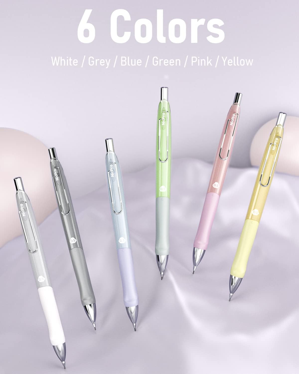 Nicpro 6PCS Pastel Mechanical Pencil Set 0.5 mm, Cute Mechanical Pencils with Comfort Grip with 12 Tubes HB Lead Refill, 3 Eraser, 9 Eraser Refills for Student Writing, Drawing, Sketching- with Case