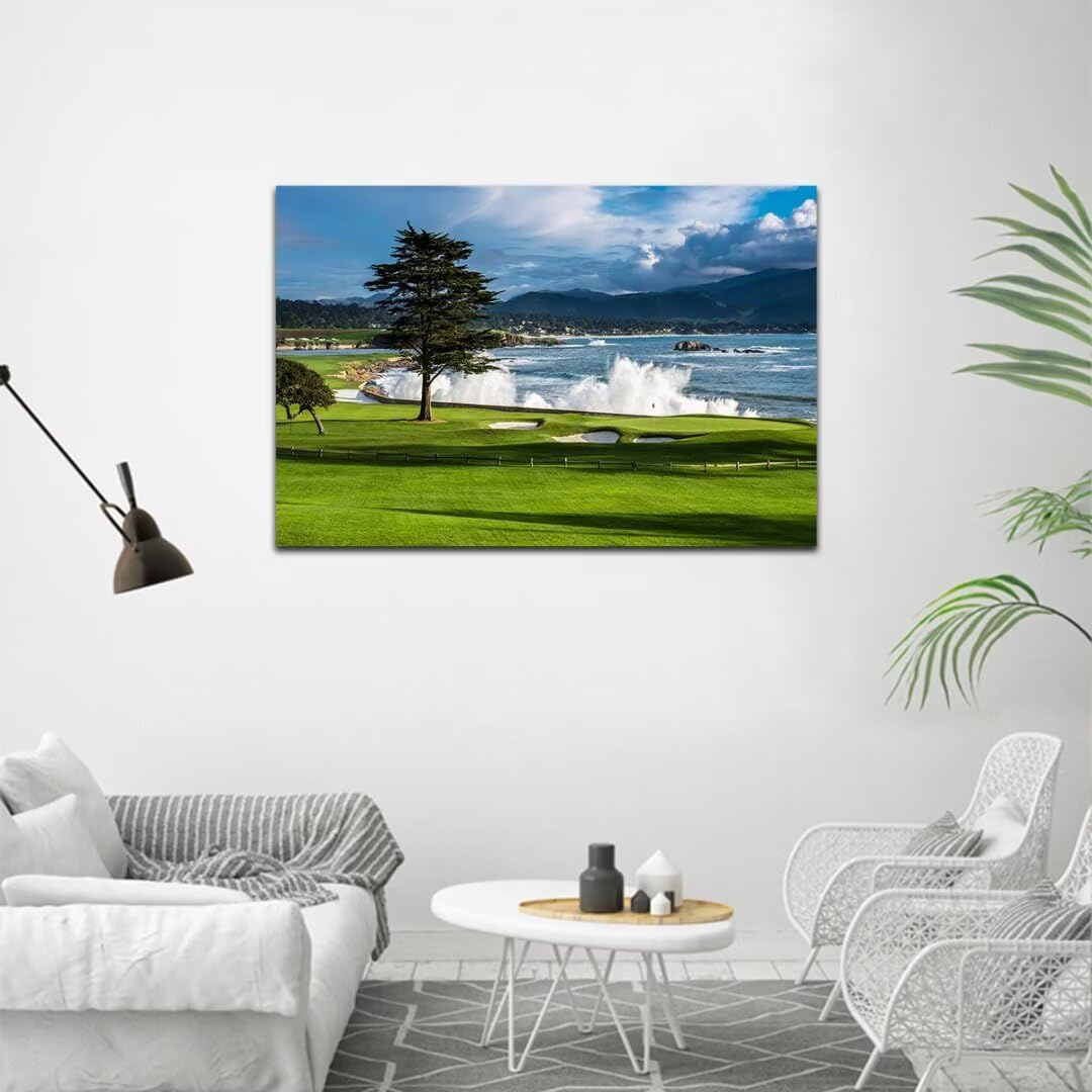 HJY Art USA Golf Course Wall Art Pictures Golf Landscape Wall Decor Blue Green Painting Poster for Home Decor Living Room Bedroom Bathroom Office Gym Framed Artwork Ready to Hang (28 x 44 inch)