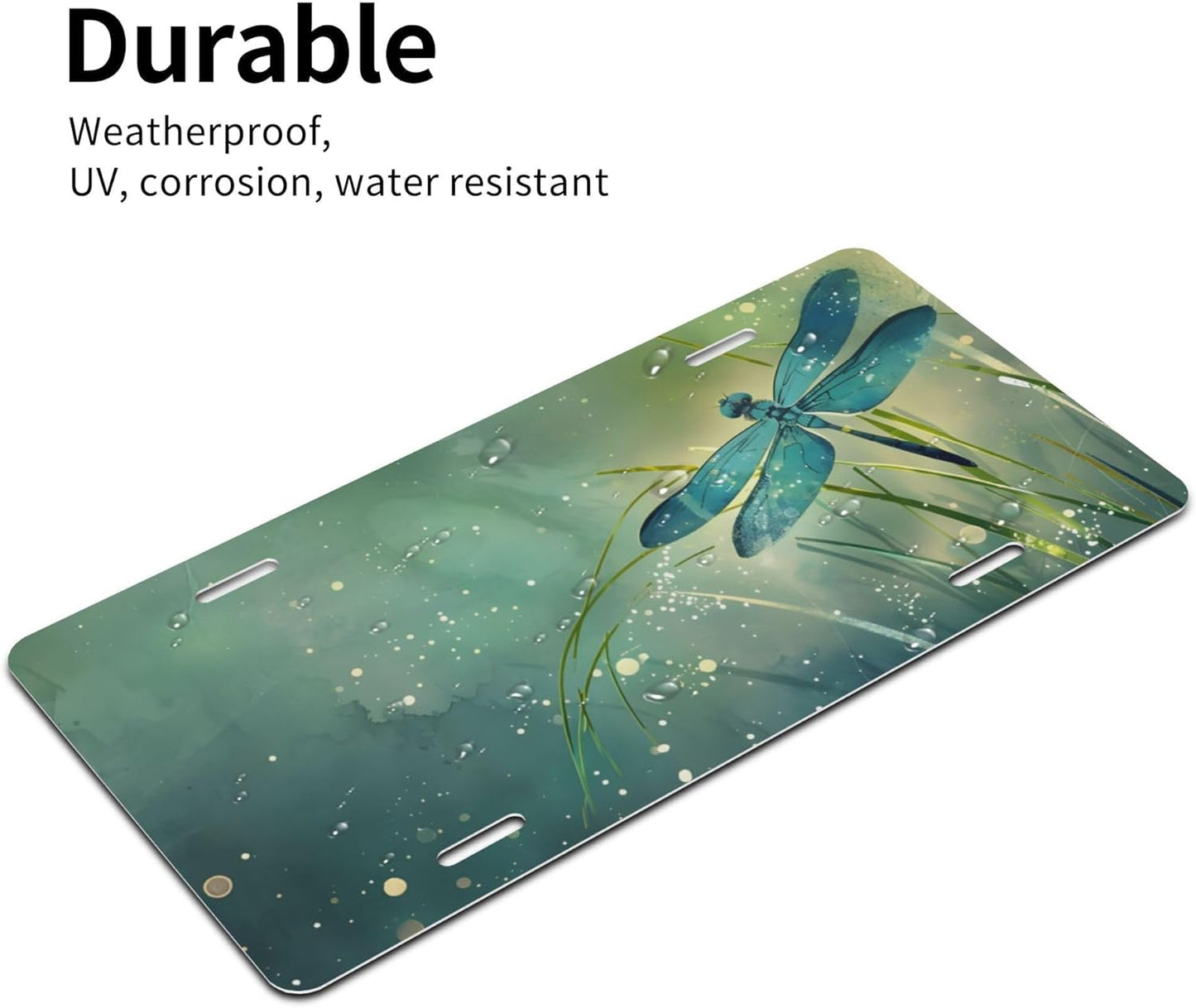 Green Animal Dragonfly Leaf Front License Plate for Car Designs Stainless License Plate Cover Holder for Men Women Metal Aluminum Decorative Accessory Vanity Tag Standard 6 X 12 Inch (4 Holes)