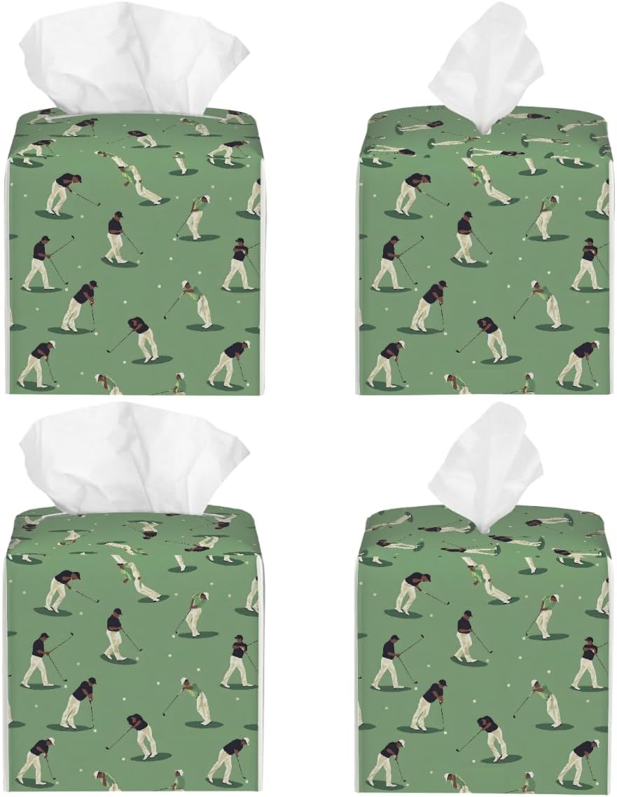 Square Leather Tissue Box Cover, Waterproof Napkin Dispenser with Golf Theme Golf Player Print, Tissue Holder for Bathroom, Living Room, Bedroom, Office, and Car Decor