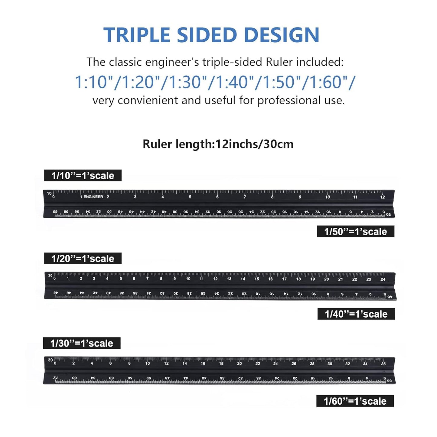 Engineer Scale Ruler, Imperial Measurements 12'', Laser-Etched Aluminum Architect Triangular Ruler Black for Architects, Students, Draftsman, and Engineers