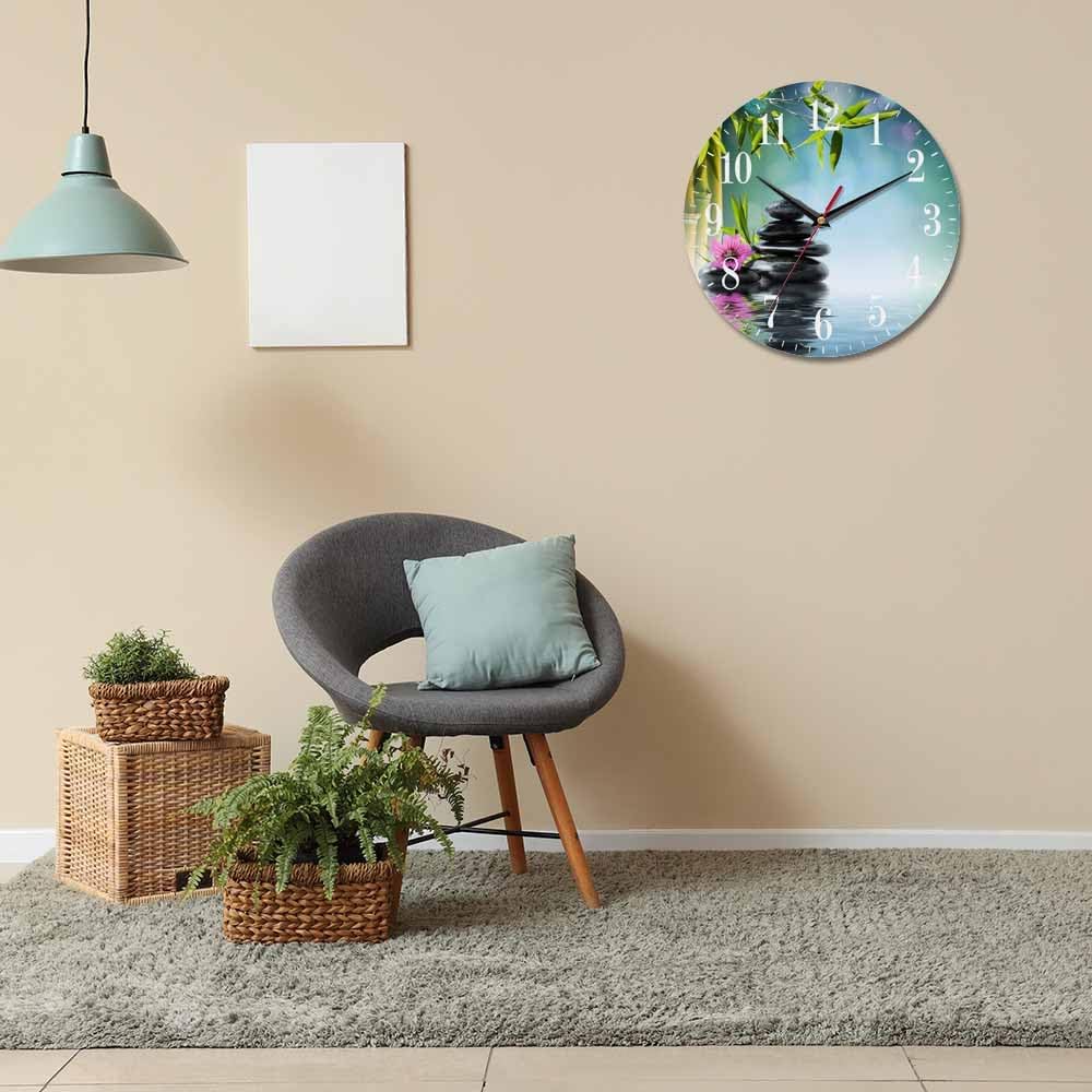 Mxocom Meditation Wall Clock Tower Black Stone and Hibiscus with Bamboo on Water Relax 10 Inch Silent Non Ticking Battery Operated Clock Vintage Round Clock for Living Room Bedroom Bathroom Decor