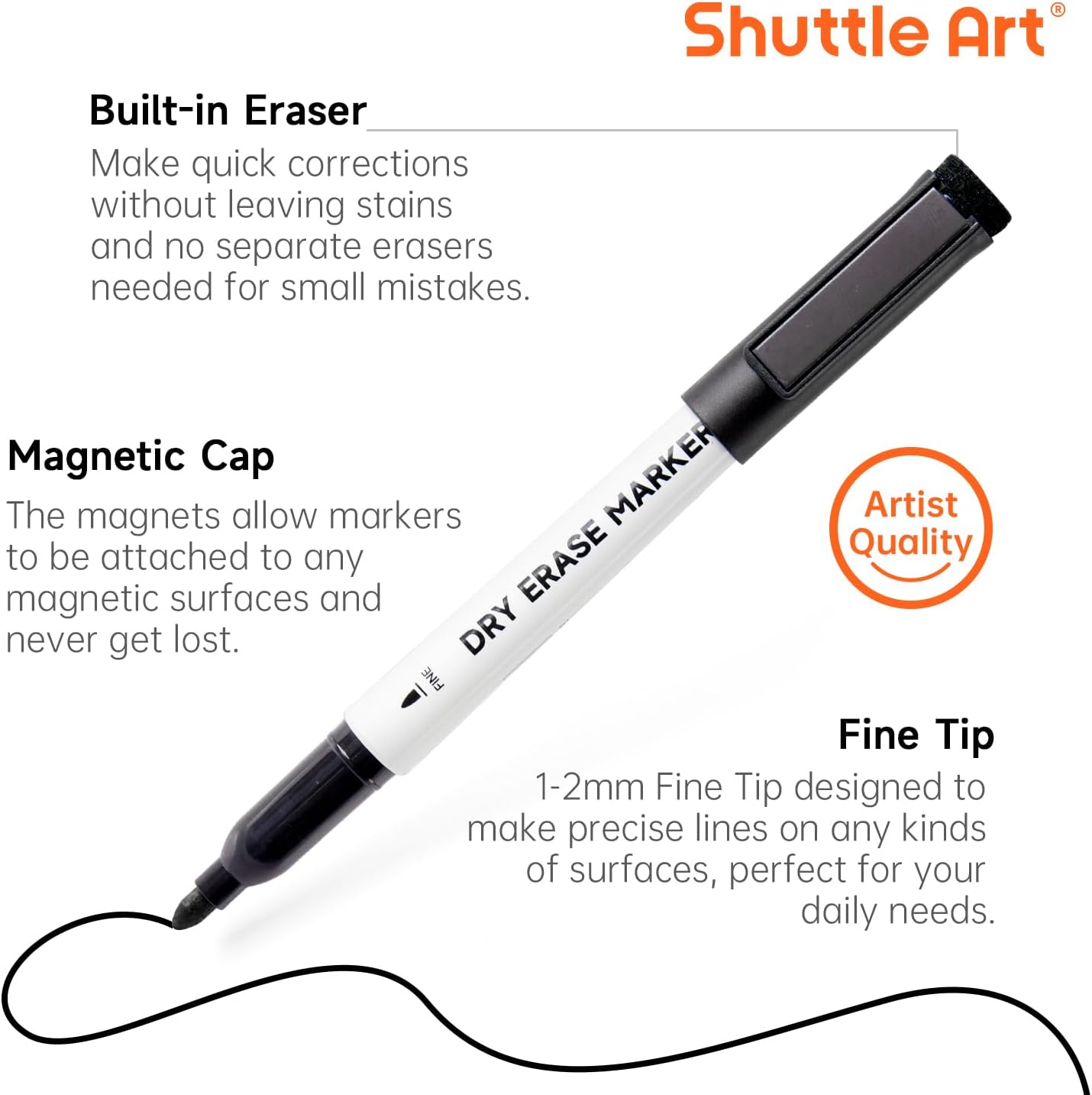 Shuttle Art Dry Erase Markers, 15 Pack Black Magnetic Whiteboard Markers with Erase,Fine Point Dry Erase Markers Perfect For Writing on Whiteboards, Dry-Erase Boards,Mirrors for School Office