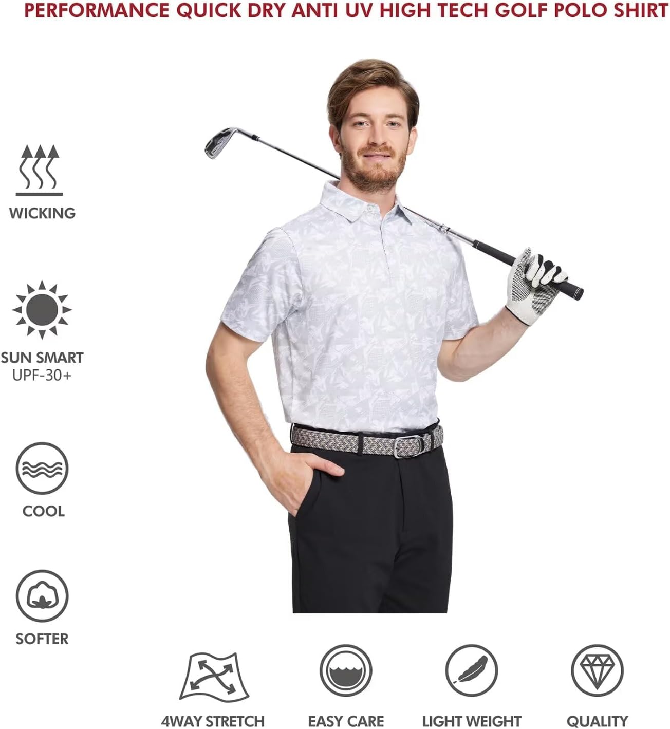 Golf Shirts for Men Dry Fit Short Sleeve Print Performance Moisture Wicking Polo Shirt