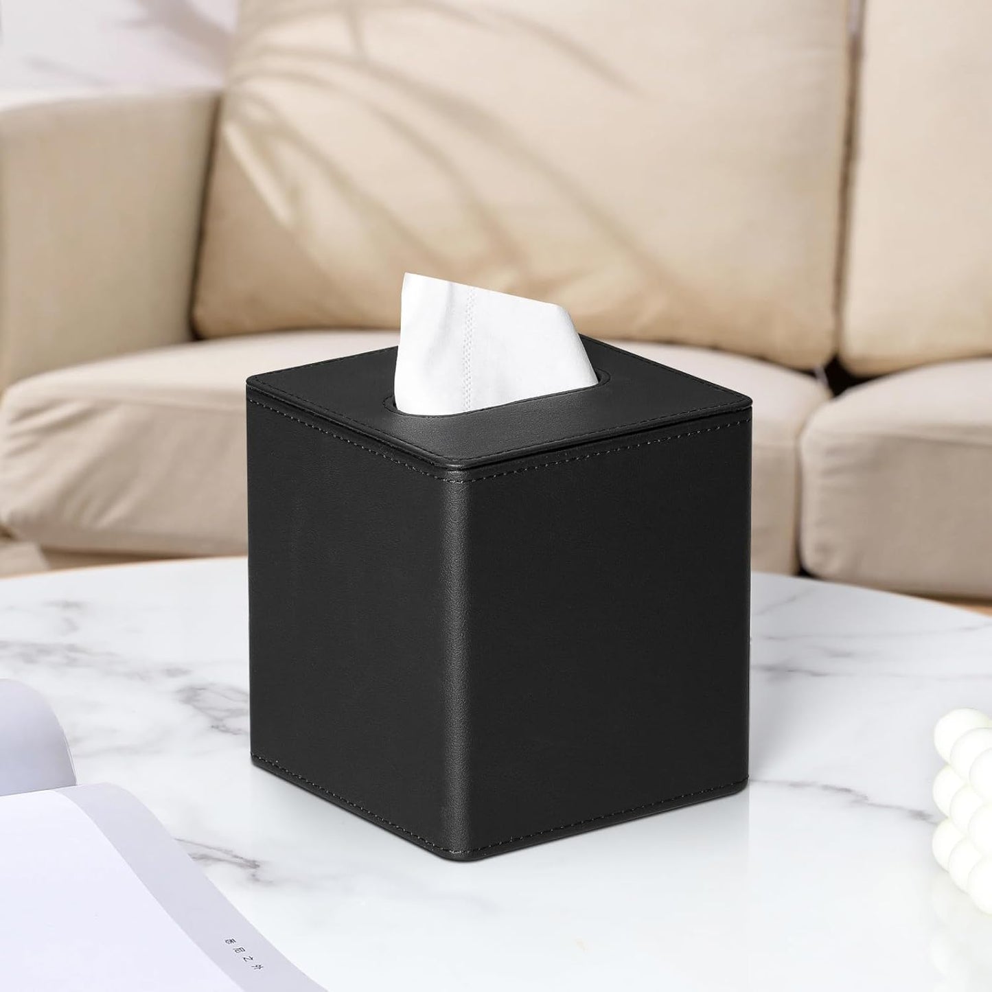 PU Leather Tissue Box Cover Square Tissue Box Holder with Magnetic Closure (Black)