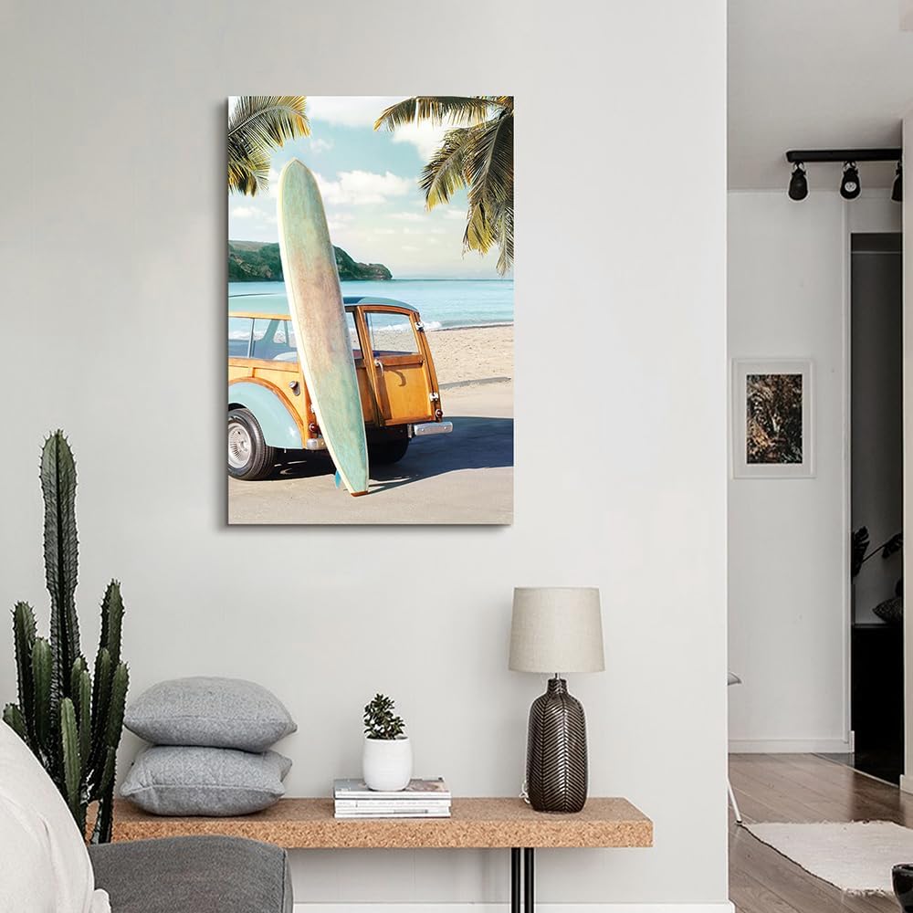 coastal wall art surfboard pictures: beach car wall decor seaside artwork surfing ocean print in beach canvas painting for bedroom 36" x 24"