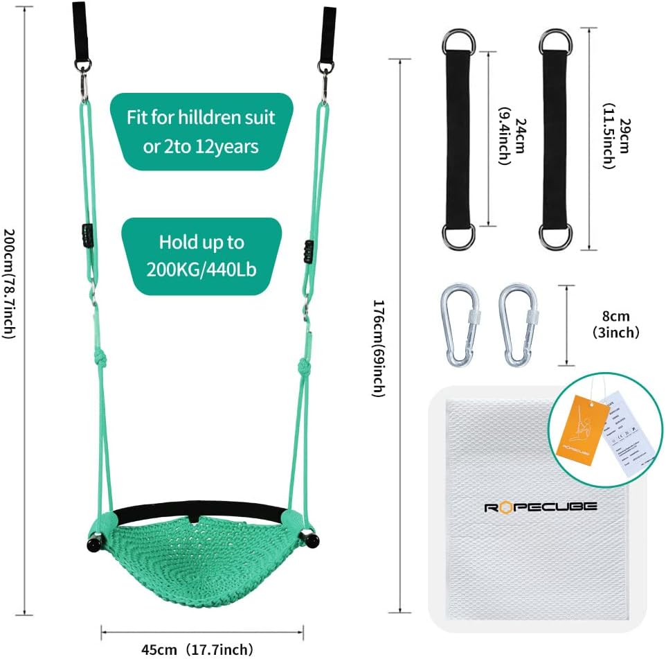 Hand-Knitting Toddler Swing, Swing Seat for Kids with Adjustable Ropes, Little tikes Swings Set, for Outdoor Indoor, Playground, Backyard (Macaron Green)