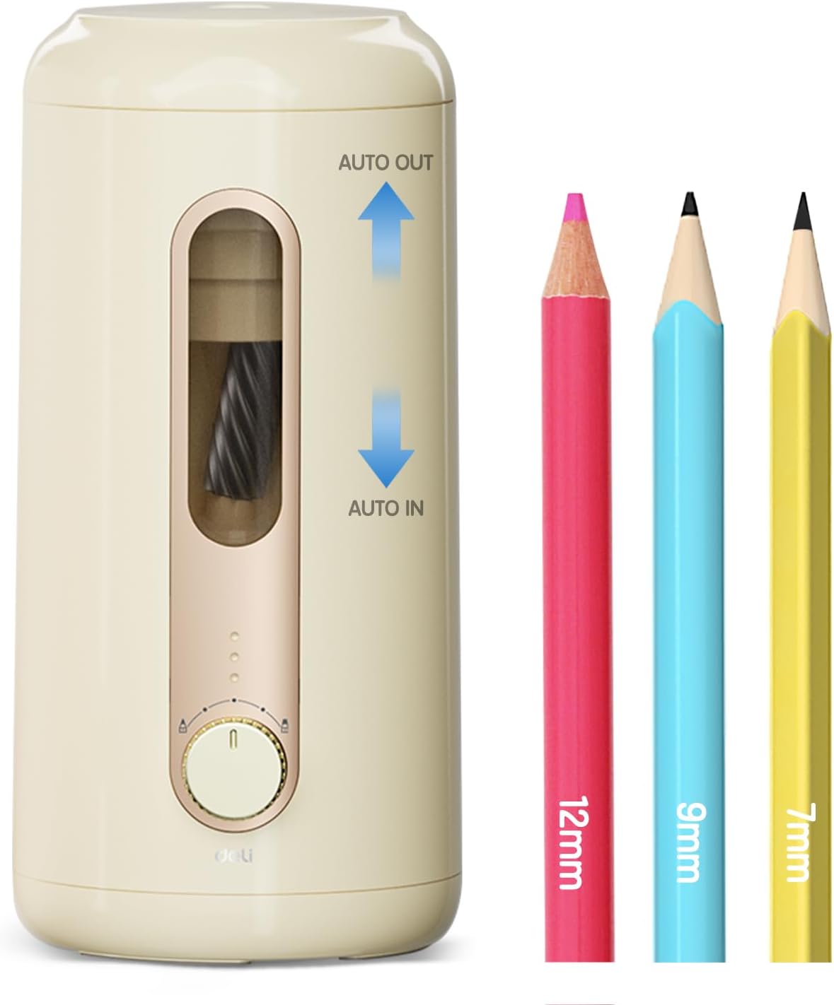 Deli Electric Pencil Sharpener - Fully Automatic, Auto In & Out, Rechargeable Hands-Free for 6.9-12mm Pencils - Home & Classroom - Battery Operated - Beige