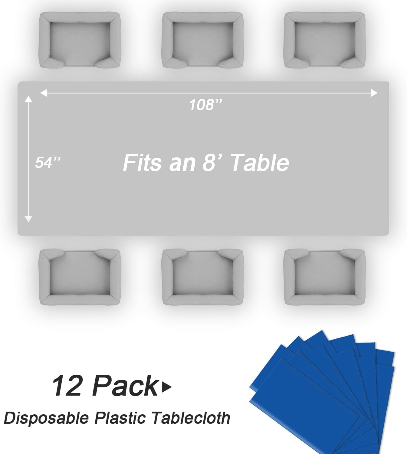 QIKSION Plastic Table Cloth Disposable 12 Pack, 54 x 108 Inch Tablecloths for Rectangle Tables, Blue Plastic Table Cover