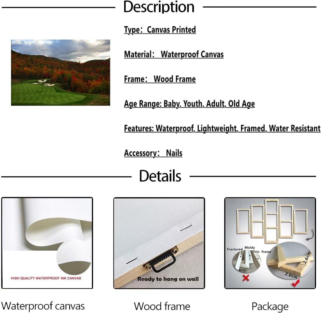 chenchenArt Sequoyah North Carolina Mountains Golf Course Wall Art for Living Room Bedroom Bathroom Home Decorations Golf Art Canvas Prints Framed Ready to Hang(12''H x 16''W)