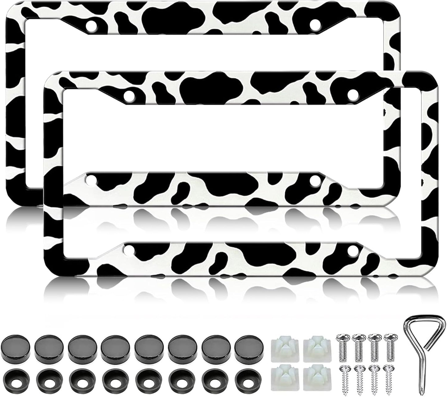 Cow Print License Plate Frames - 2 Pack Cow Cute Animal Black White Spot License Plates Holder Covers, Aluminum Metal Rust-Proof Waterproof Car Tag Frame with Screws Fasteners Caps