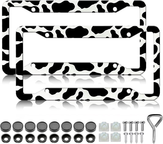 Cow Print License Plate Frames - 2 Pack Cow Cute Animal Black White Spot License Plates Holder Covers, Aluminum Metal Rust-Proof Waterproof Car Tag Frame with Screws Fasteners Caps