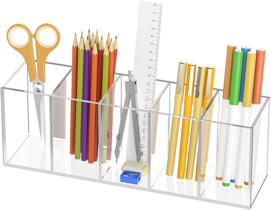 Uniclife Clear Acrylic Pen Holder for Desk, Plastic Pencil Holder Pen Organizer with 5 Compartments, Desktop Stationery Organizer for Office Home School, Vertical Makeup Brush Holder, 11.3" x 3" x 4"
