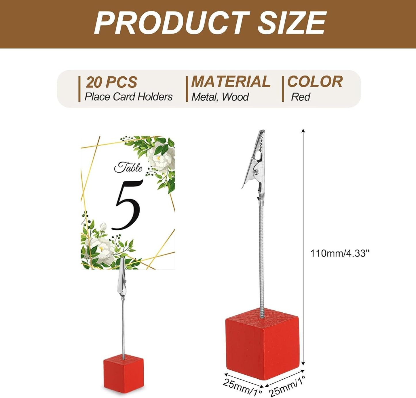 PATIKIL Place Card Holder, 20Pcs Memo Clip Holder Stand with Alligator Clasp Table Number Holders Wooden Base for Pictures Note Card Paper, Red