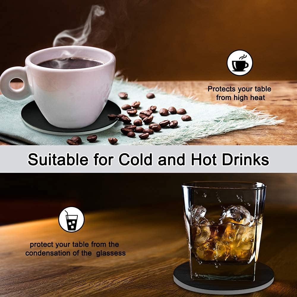 EAGMAK Set of 8 Coasters for Drinks, Marble Style Ceramic Drink Coaster with Holder for Coffee Wooden Table Home Decor(Black)