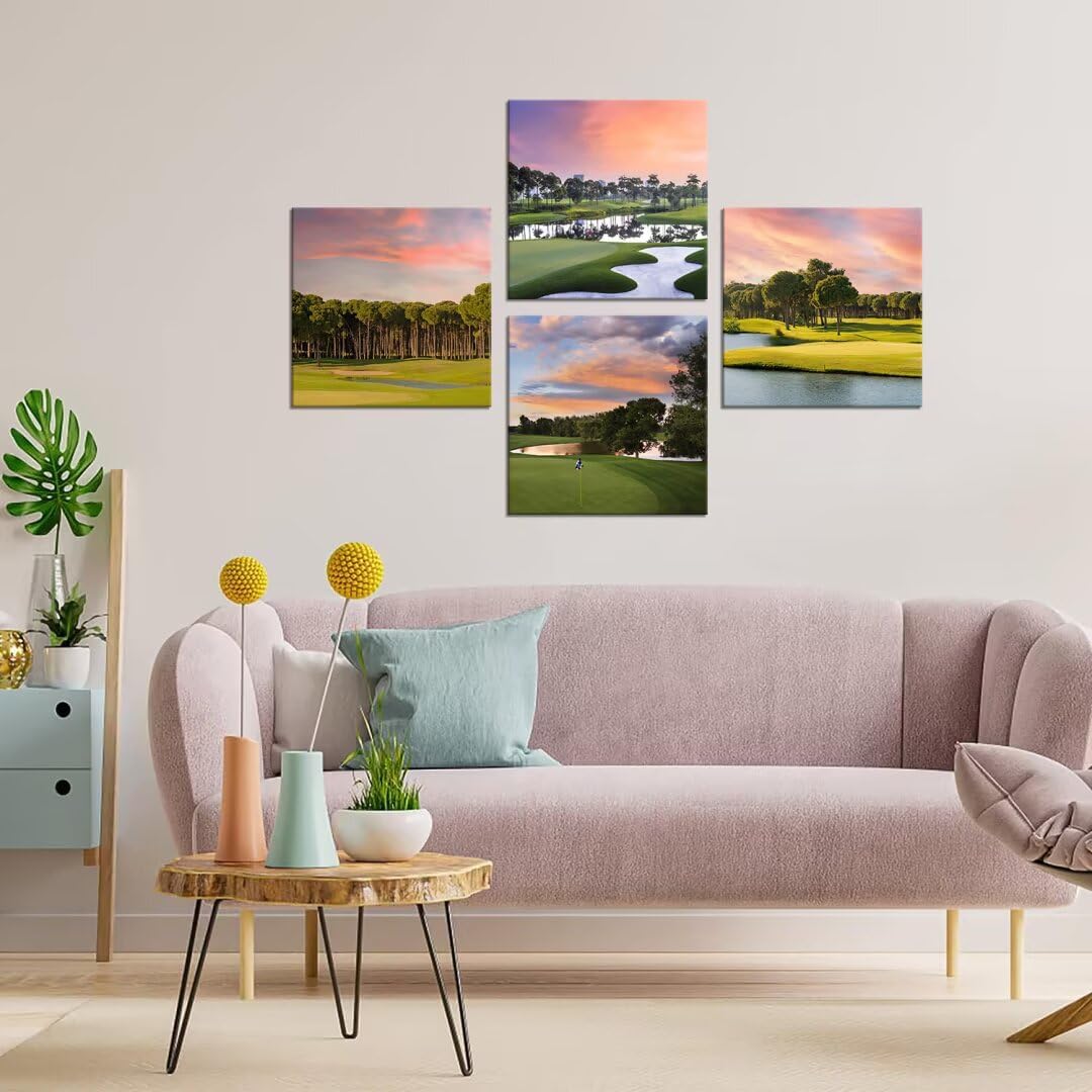 Pankila Golf Course Wall Art for Golf Gym Club Canvas Wall Decor Yellow Green Sunset Landscape Abstract Wall Painting Decor Living Room Bedroom Bathroom Frame Artwork (20''W x 20''H x 4)