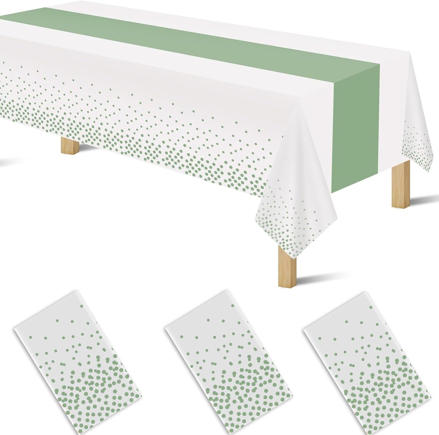3 Pack 2in1 Disposable Plastic Tablecloths 54" x 108" White and Sage Green Dot Party Table Cloth Rectangle Table Cover for Wedding Birthday Baby Shower Anniversary Christmas New Year Party Decorations