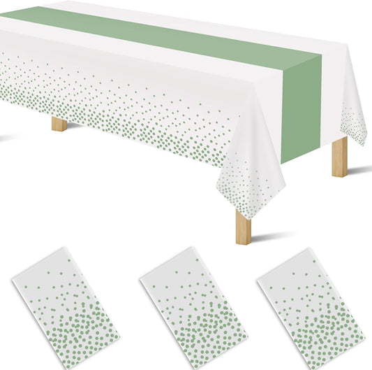 3 Pack 2in1 Disposable Plastic Tablecloths 54" x 108" White and Sage Green Dot Party Table Cloth Rectangle Table Cover for Wedding Birthday Baby Shower Anniversary Christmas New Year Party Decorations