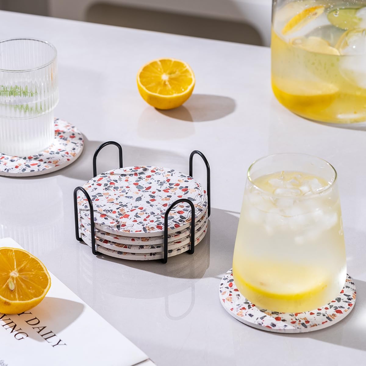 Coasters with Holder Set of 6, Absorbent Marble Drink Decorative Coasters for Coffee Cup Beverage Wine Beer Bar Housewarming