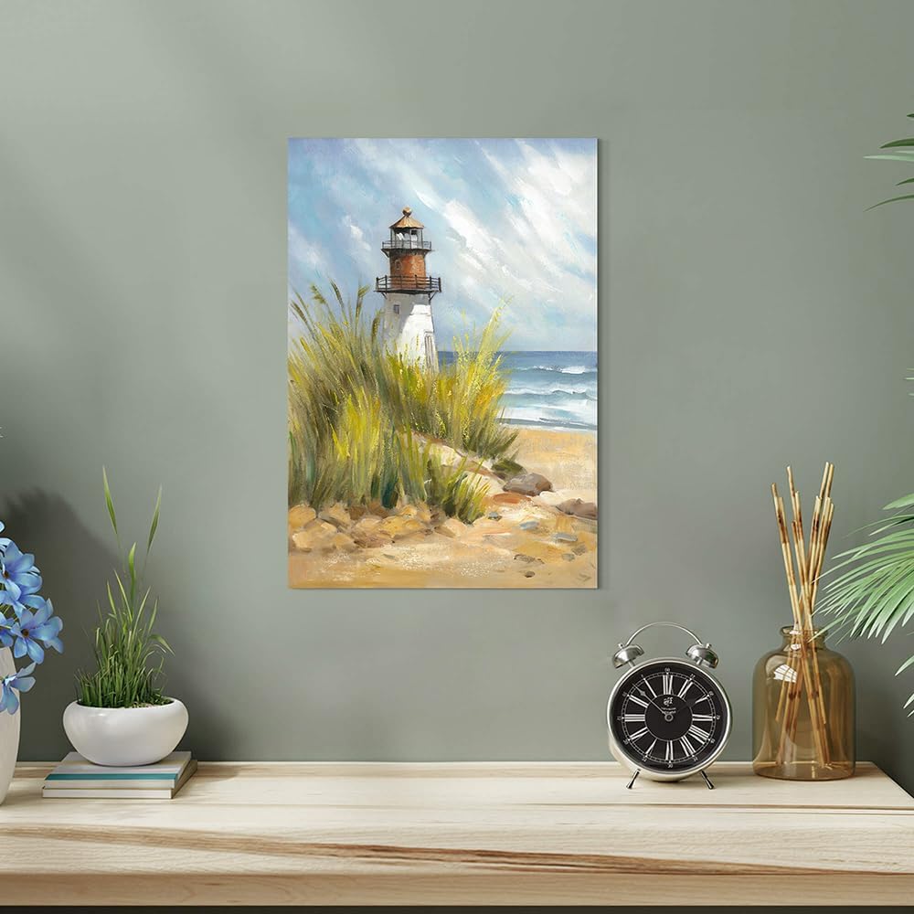 coastal wall art lighthouse pictures: beach wall decor coastal artwork nautical ocean print in beach canvas painting for bathroom 11" x 16"