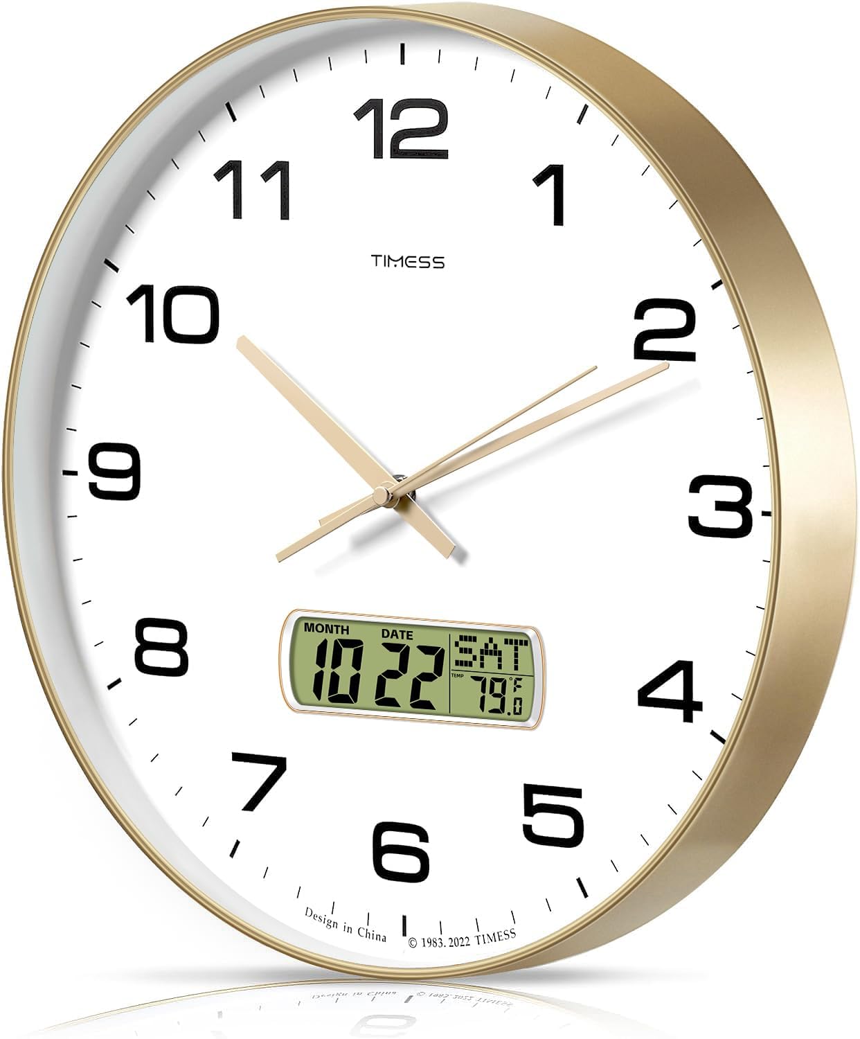 Wall Clock, 13" Dial Non-Ticking Silent Battery Operated Analog with LCD Display for Perpetual Calendar and F° Temperature, Ideal Modern Home, Bedroom, Kitchen, Office Decor (Gold)