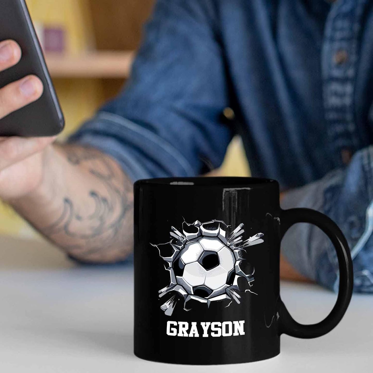 Personalized Choose Name Soccer Black Ceramic Mug Gifts For Soccer Ball Player Sport Lover, Customized Soccer Ball Coffee Mugs 11 Oz 15 Oz, Soccer Players Coffee Cup Gift For Men Women Soccer Lover