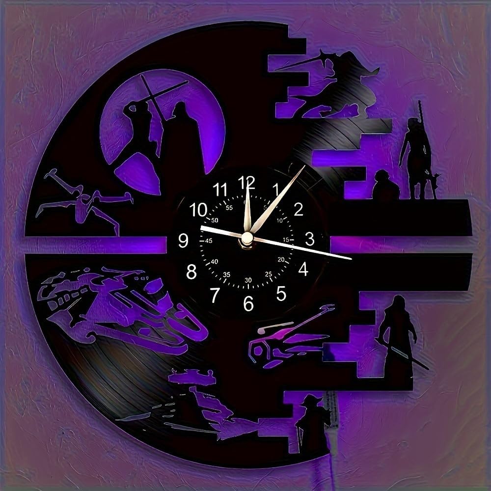 Decorative Vinyl Wall Clock with 12 Inches，Star Science Fiction Film Themed Clocks, Vinyl Records Wall Clock, LED Light Wall Decor, Unique Birthday Gifts for Men,Kids